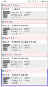 九州ネット割引きっぷ区間選択画面